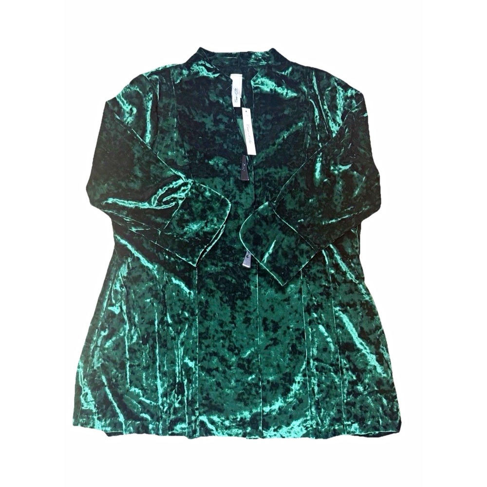 NWT Women's 1XL Green Crushed Velvet V-Neck Button Front Jacket Blazer